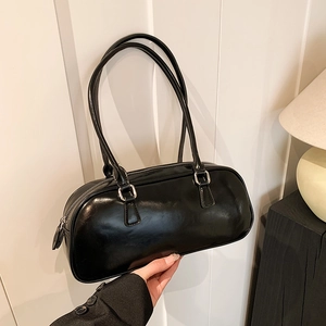Classic black glossy Boston bag with silver hardware and dual top handles for women