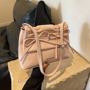 Women Vintage Bow Underarm Bag PU Leather Pleated Shoulder Bag Large Capacity Solid Color Small Square Bag Elegant Commuting Bag
