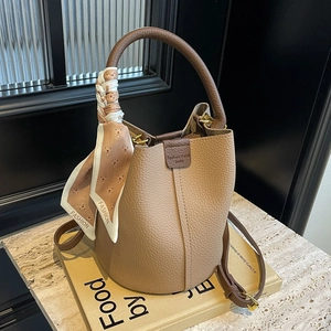 Women Litchi Grain Contrast Color Bucket Bag With Satin Scarf Decorative PU Leather Handbag Crossbody Shoulder Bag Casual Tote