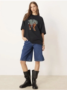 T-shirt noir oversize en coton style streetwear avec imprimé graphique de billets de banque