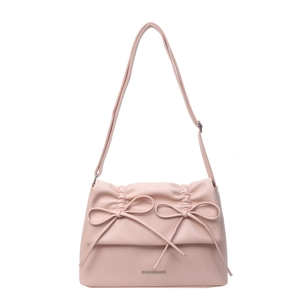 Pink matte PU leather shoulder bag with chic bow accents and pleated flap design