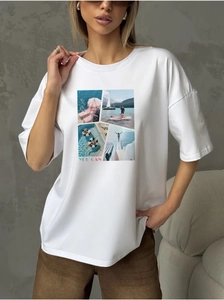 Gros plan sur un t-shirt blanc oversize avec imprimé collage photo de plage d'été