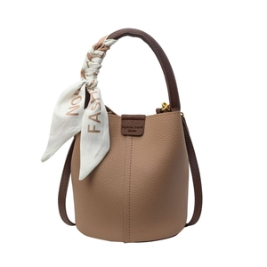 Lychee texture leather bucket bag with silk scarf accent and adjustable shoulder strap