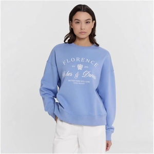 Women's American Vintage Letter Print Pullover Sweatshirt Loose Casual Long Sleeve Crew Neck Light Blue Fashion Top