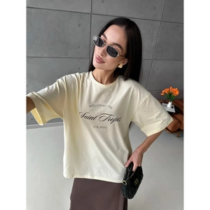Women Casual Cotton T-Shirt Saint Tropez Letter Printed Loose Short Sleeve Round Neck Summer Fashion Streetwear Top