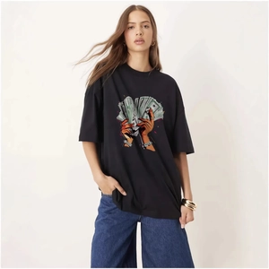 T-Shirt Oversize en Pur Coton pour Femmes Imprimé Graphique Dollar Manches Courtes Streetwear Large Col Rond Haut d'Été
