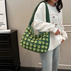 Korean Style Quilted 3D Crochet Flower Tote Bag For Women Large Capacity Nylon Puffy Shoulder Bag Daily Commuter Handbag