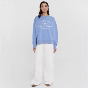 Sky blue vintage letter sweatshirt with white Florence print and loose casual fit