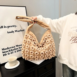 Floral quilted puffer cloud bag in beige, stylish large capacity shoulder tote for women