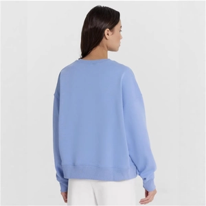 Back view of a light blue drop-shoulder oversized sweatshirt for women in a clean studio