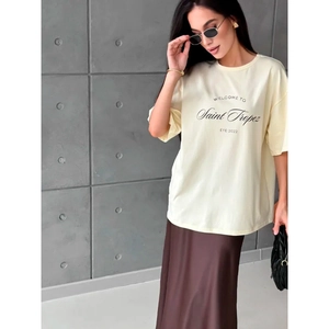 Women's cream cotton T-shirt with Saint Tropez print in a loose casual style