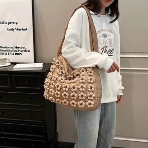 Brown quilted flower tote bag for women with floral knit decor and large capacity