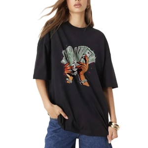 T-shirt noir oversize en coton avec graphique d'argent créatif et style streetwear