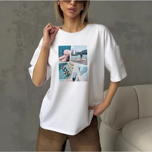 T-Shirt Femme Décontracté 100% Coton Oversize Été Vintage Imprimé Photo Plage Épaules Tombantes Top Manches Courtes Blanc