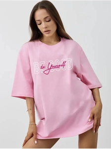 Detail of pink cotton oversized t-shirt with BE GOOD to Yourself printed text