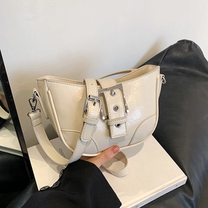 2024 New Women Korean Retro Glossy PU Leather Underarm Bag Fashion Crossbody Bag With Silver Metal Buckle Detail Moon Shape