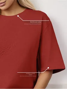 Close-up of reinforced neckline and seamless sleeve stitching on red cotton t-shirt
