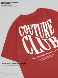 Detail of red cotton T-shirt featuring durable white couture club lettering print