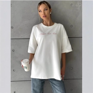 White oversized cotton t-shirt with pink Love love love embroidery and crew neck