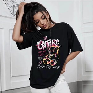 T-Shirt en Coton Oversize pour Femmes Streetwear Ours de Flamme Graffiti Imprimé Décontracté Ample Manches Courtes Col Rond Noir Top Été