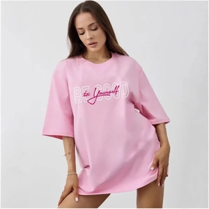 Women's 100% Cotton Short Sleeve T-Shirt Casual Oversized Printed Round Neck Letter Pink Basic Tee Top