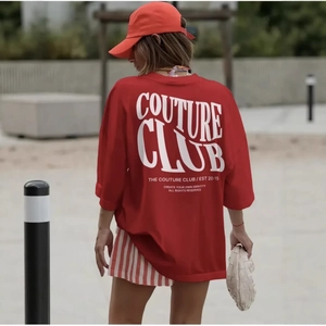 Women's Oversized Cotton T-Shirt Streetwear Round Neck Short Sleeve Red Top Casual Back Letter Print Summer Fashion Clothing
