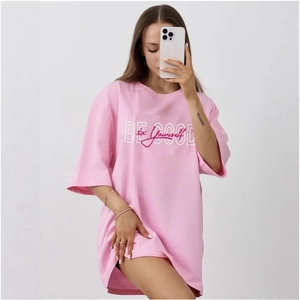 Pink oversized cotton T-shirt with BE GOOD to Yourself art print and drop shoulder