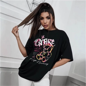 T-shirt oversize en coton noir avec imprimé ours graffiti flamme style urbain