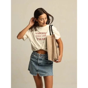Women's 100% cotton loose letter print T-shirt with vintage denim mini skirt outfit