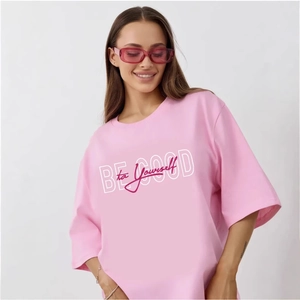 Pink oversized cotton T-shirt with BE GOOD to Yourself art print and drop shoulder design