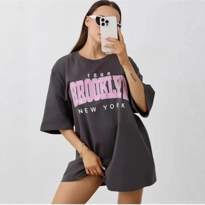 Women's Cotton Oversized T-Shirt Brooklyn Graphic Printed Short Sleeve Loose Fit Streetwear Summer Dark Gray Tee Top