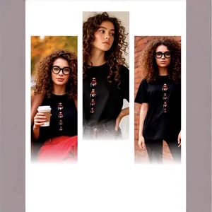Schwarzes Oversize-T-Shirt aus 100% Baumwolle mit fünf bunten Cartoon-Grafiken mittig