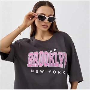 Dark grey cotton t-shirt with Brooklyn graphic print shown in a stylish front view