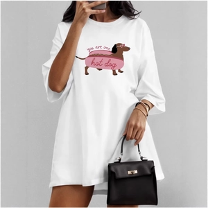 Damen Casual Baumwolle T-Shirt Lustiger Hot Dog Dackel Druck Oversize Rundhals Kurzarm Sommer Mode Oberteil