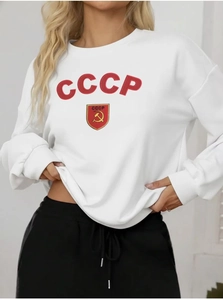 Detail of red CCCP print and shield emblem on heavy white cotton sweatshirt