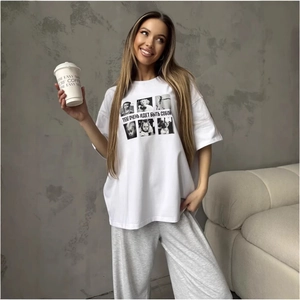 T-shirt d'été oversize chic avec imprimés de portraits et ensemble de pantalon gris