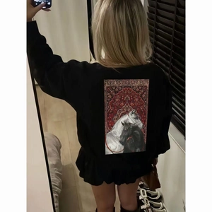 Women's 100% Cotton Long Sleeve T-Shirt Loose Casual Round Neck Top With Artistic Double Horse Print Retro Streetwear Style