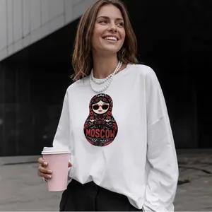 Women Oversized Cotton Long Sleeve T-Shirt Matryoshka Doll Printed Casual Loose Round Neck Moscow Graphic Top Sweatshirt