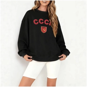 Oversized black crewneck sweatshirt with Soviet CCCP shield print and dropped shoulders