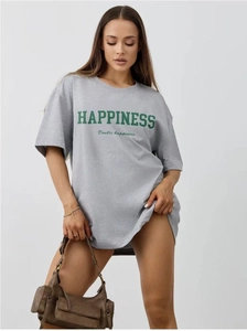 Detail of loose grey cotton T-shirt featuring green bold HAPPINESS letter print