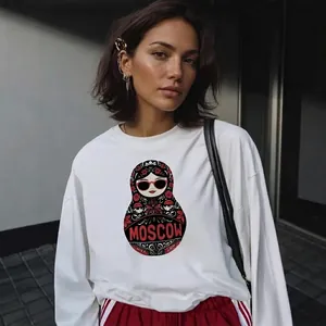 Oversized white cotton long sleeve sweatshirt with red Moscow matryoshka doll print