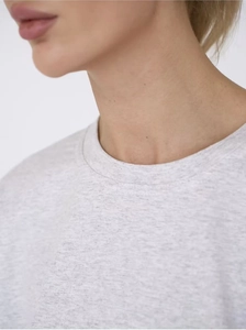 Detailed macro view of the double-stitched crew neckline on this heather grey cotton T-shirt