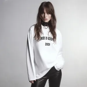 White cotton long sleeve streetwear t-shirt with black Cyrillic print and 2026 design