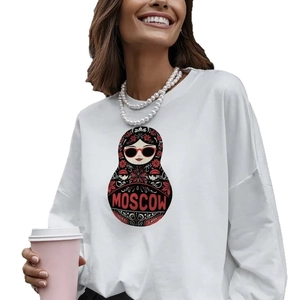 White cotton crewneck sweatshirt featuring a modern Moscow matryoshka doll graphic print