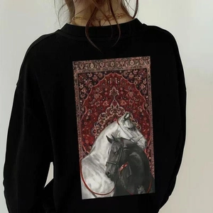 Close-up of the vintage horse art print on the back of this black cotton sweatshirt