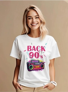 Close-up of a white cotton t-shirt featuring 90s vintage radio print on female model