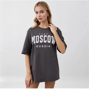 T-Shirt à Manches Courtes Oversize en 100% Coton pour Femmes Imprimé Lettres Moscou Russie Col Rond Streetwear Décontracté Top Gris Foncé