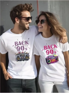 Close-up of retro 90s boombox graphic print on high-quality white cotton t-shirt