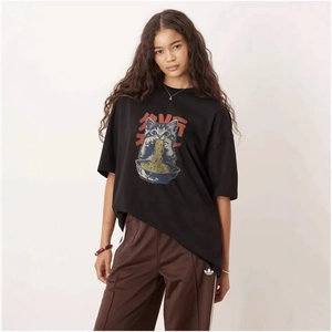 T-Shirt en Coton Oversize pour Femmes Avec Imprimé Chat Mangeant des Nouilles Casual Manches Courtes Col Rond Top