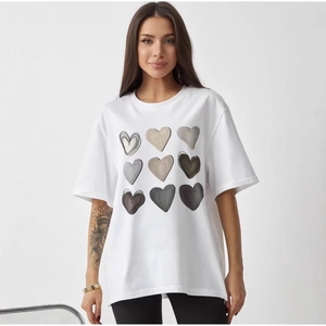 Women Casual Cotton T-Shirt Loose American Streetwear Heart Print Short Sleeve Top Soft Breathable Round Neck White Tee